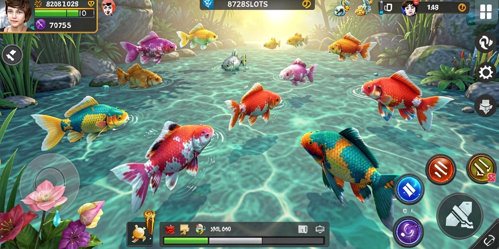 Tampilan gameplay 8728SLOTS dengan berbagai jenis ikan yang menunggu untuk ditangkap.