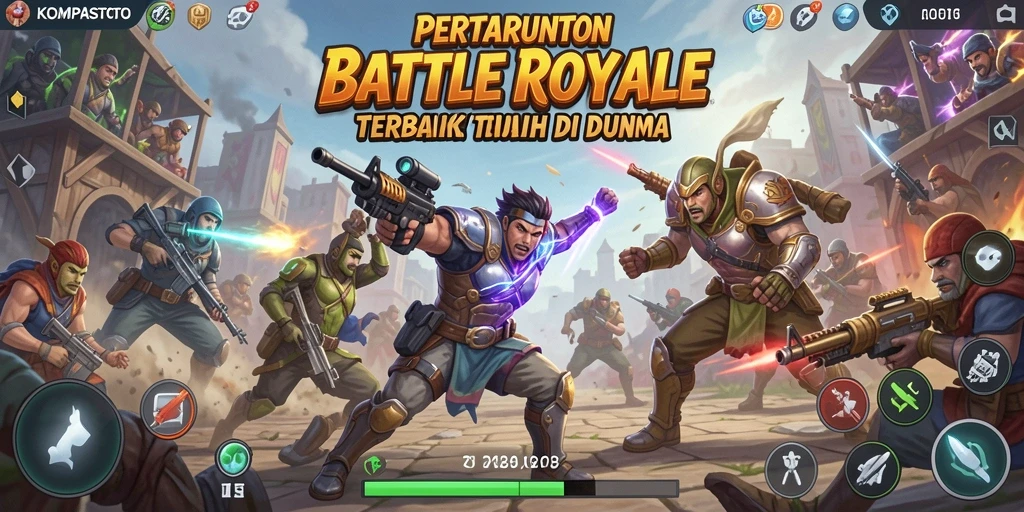 Screenshot dari gameplay <strong>KOMPASTOTO</strong> menampilkan pertempuran intens di arena Battle Royale.