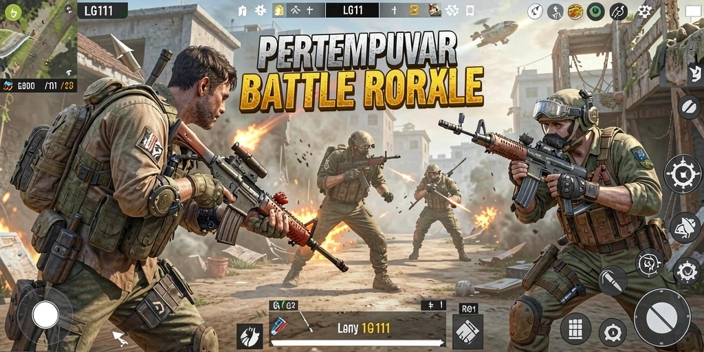Screenshot gameplay LG111 menampilkan aksi seru dalam pertempuran Battle Royale.