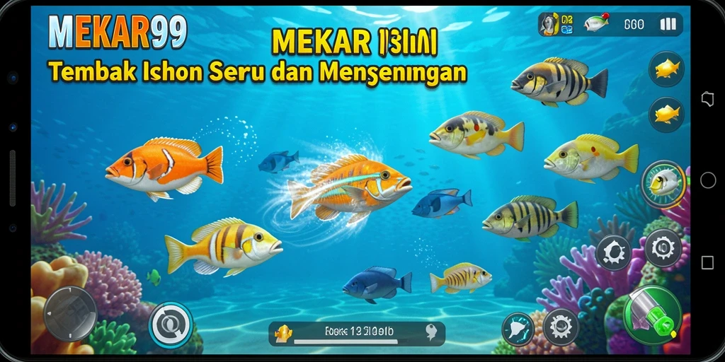 Screenshot utama MEKAR99 menampilkan aksi seru menangkap ikan.
