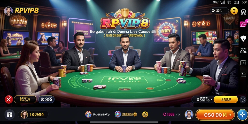 Screenshot gameplay RPVIP8 menunjukkan dealer yang ramah dan suasana kasino yang hidup.