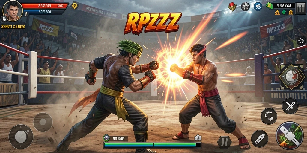 Screenshot gameplay RPZZZ menampilkan aksi pertarungan yang dinamis dan karakter yang keren.