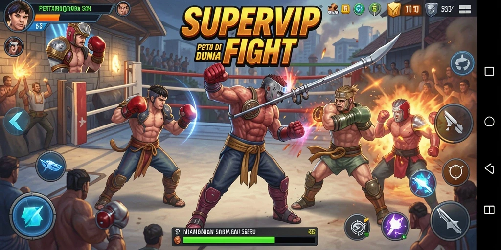 Screenshot dari gameplay Fighting SUPERVIP menunjukkan aksi seru di arena.