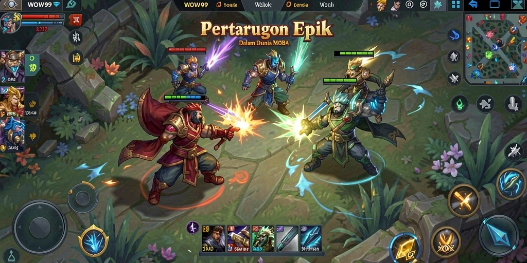 Tampilan epik gameplay WOW99 dengan pertarungan strategi MOBA.